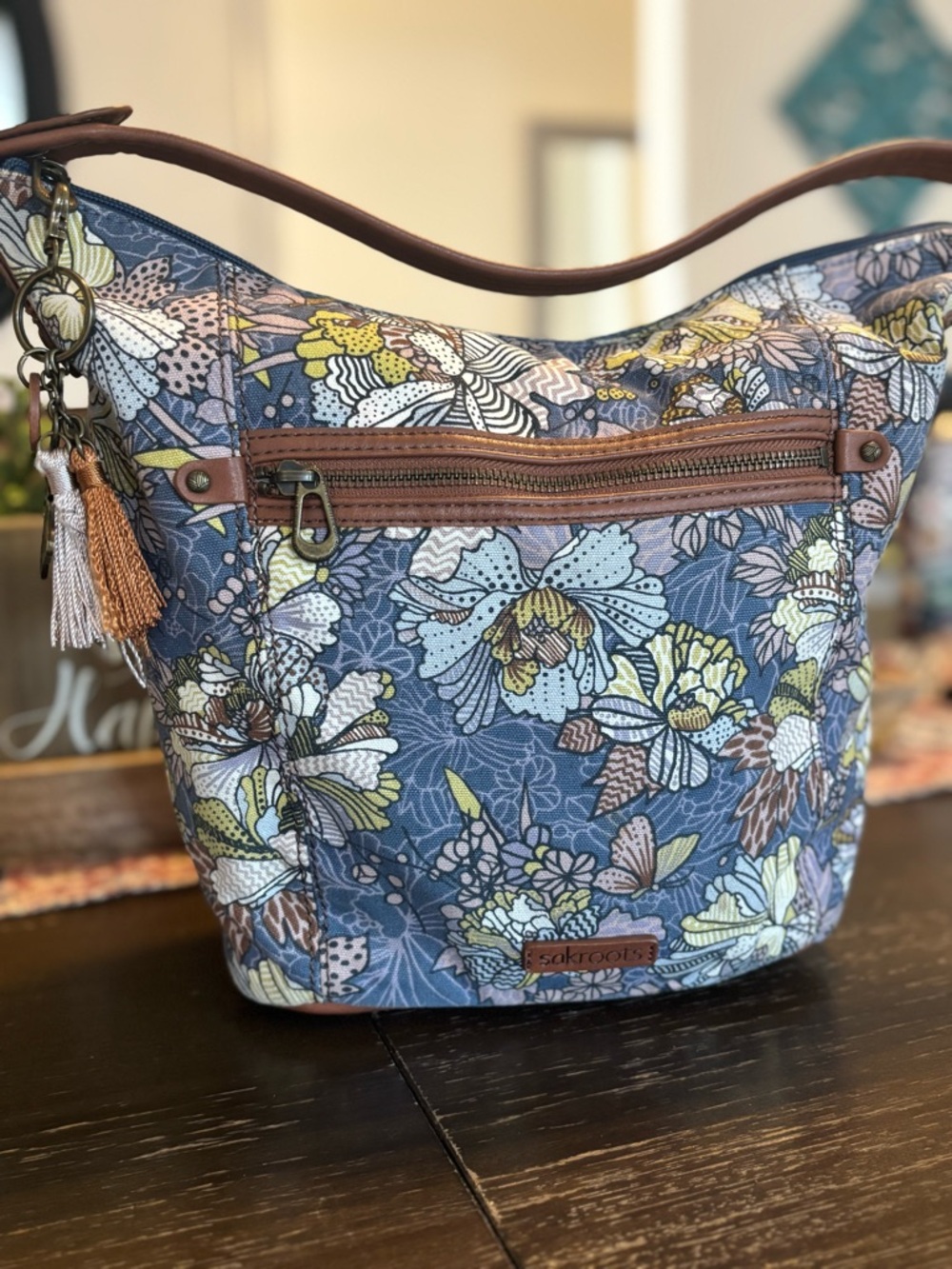 Sakroots Blue Floral Shoulder Bag with Tassel Accents